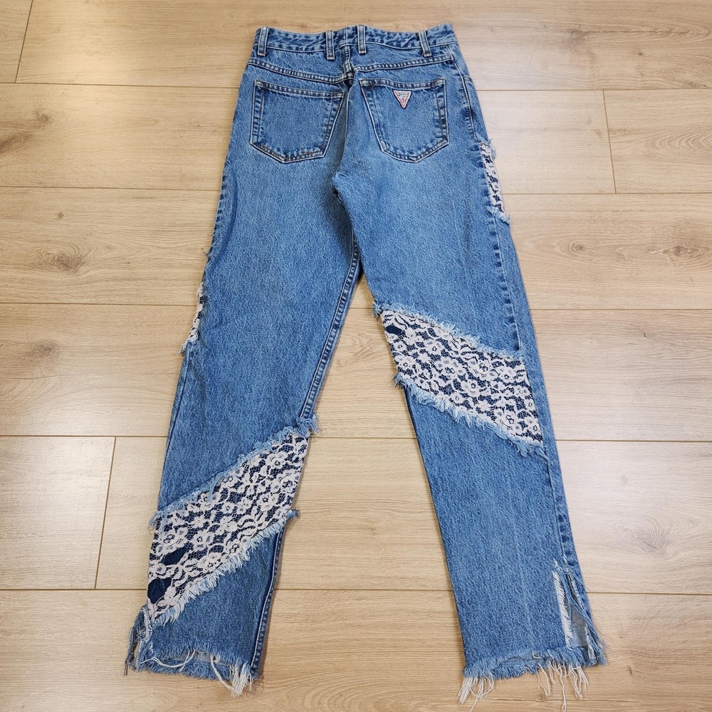 Vintage Guess Jeans Womens 26x28 Blue Lace Panel High Rise Straight USA Made 80s - Picture 2 of 8